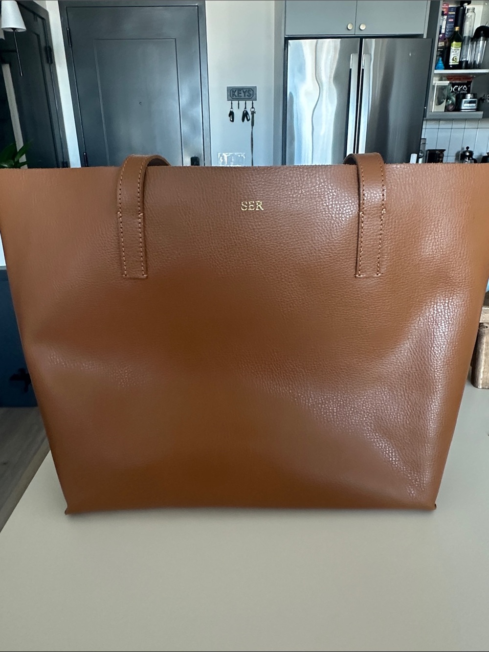 Mark & Graham Tan Leather Tote with Gold Monogram